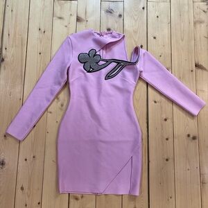SHEIN Pink Long Sleeve Mini Dress with Black Glitter Applique